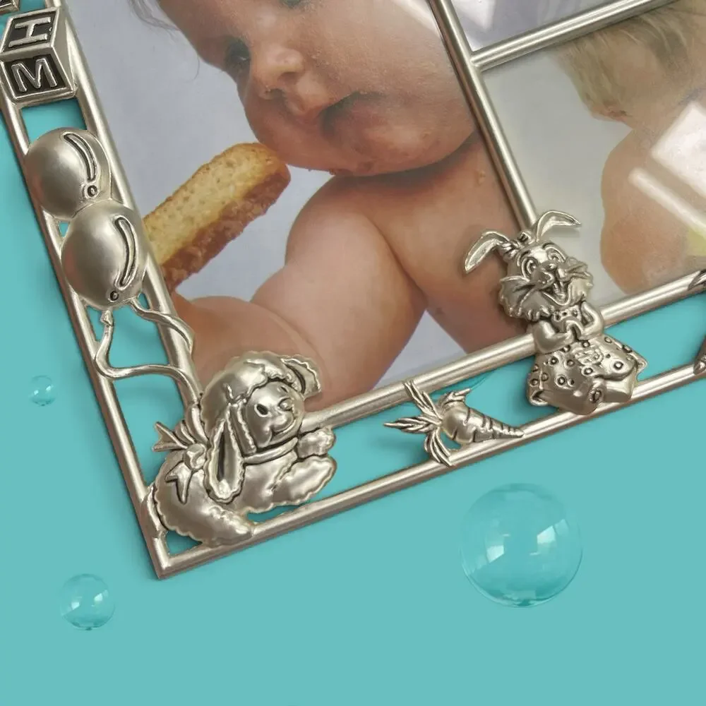 NIB Vtg. Baby Collage Picture Frame Silver Metal Nursery Duck Bunny Giraffe Lamb
